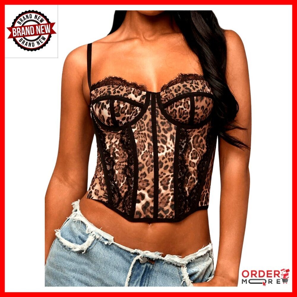 Y2K Lace Leopard Print Crop Corset Top Rave Club Going Out Camisole - Picture 1 of 5